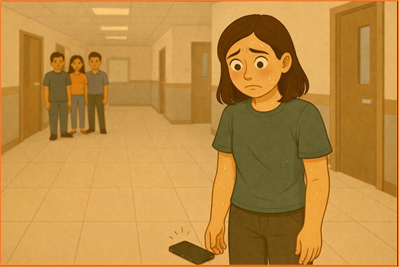 학교 복도에서 휴대폰을 떨어뜨려 당황한 학생